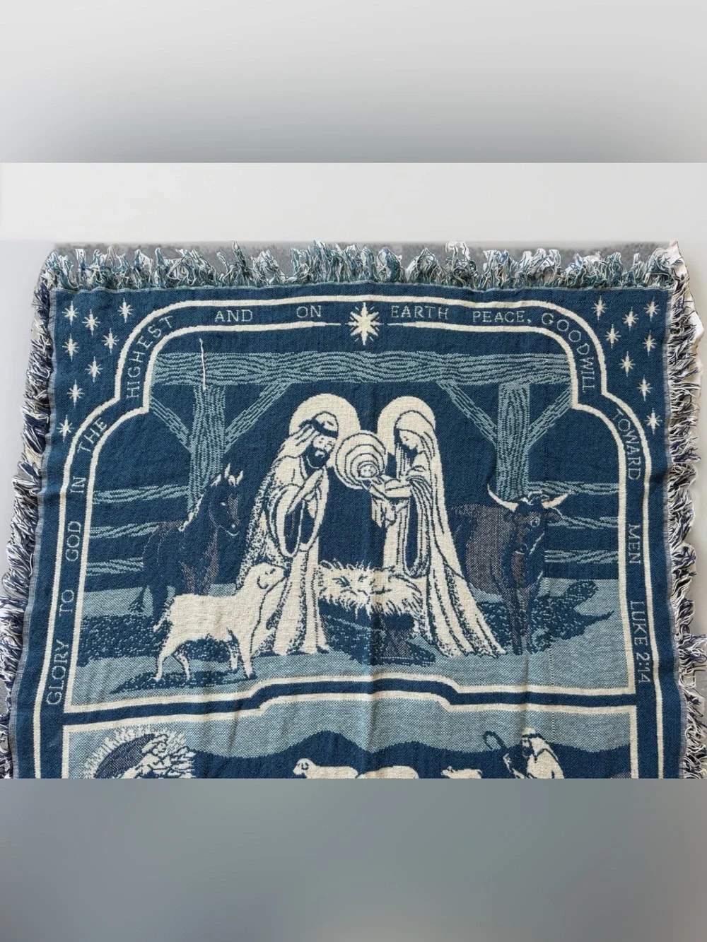 Vintage 90s Crown Crafts Nativity Woven Tapestry Throw Blanket Christmas Holiday